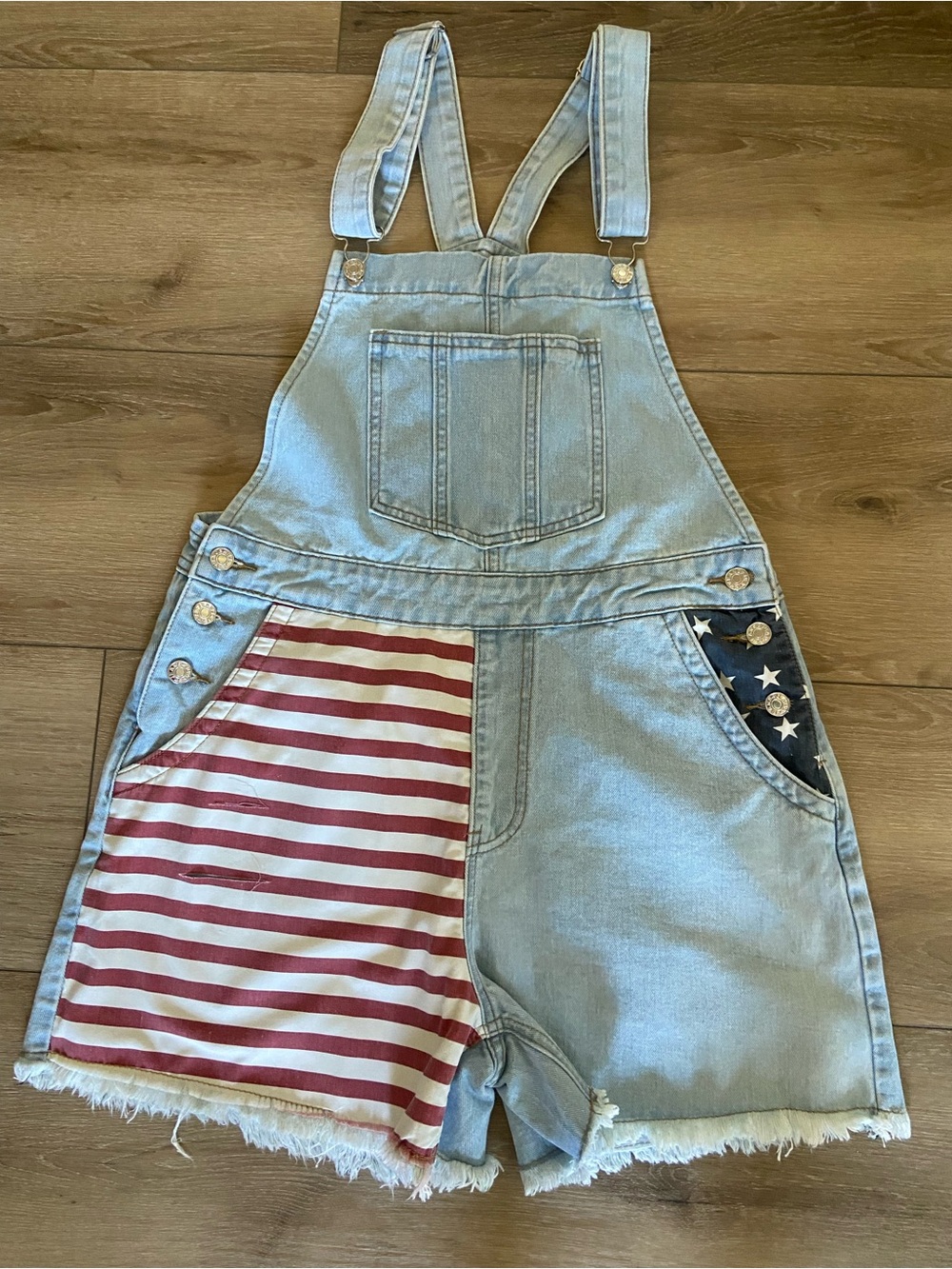 Light Wash Denim Short Overalls with Flag Pocket Detail